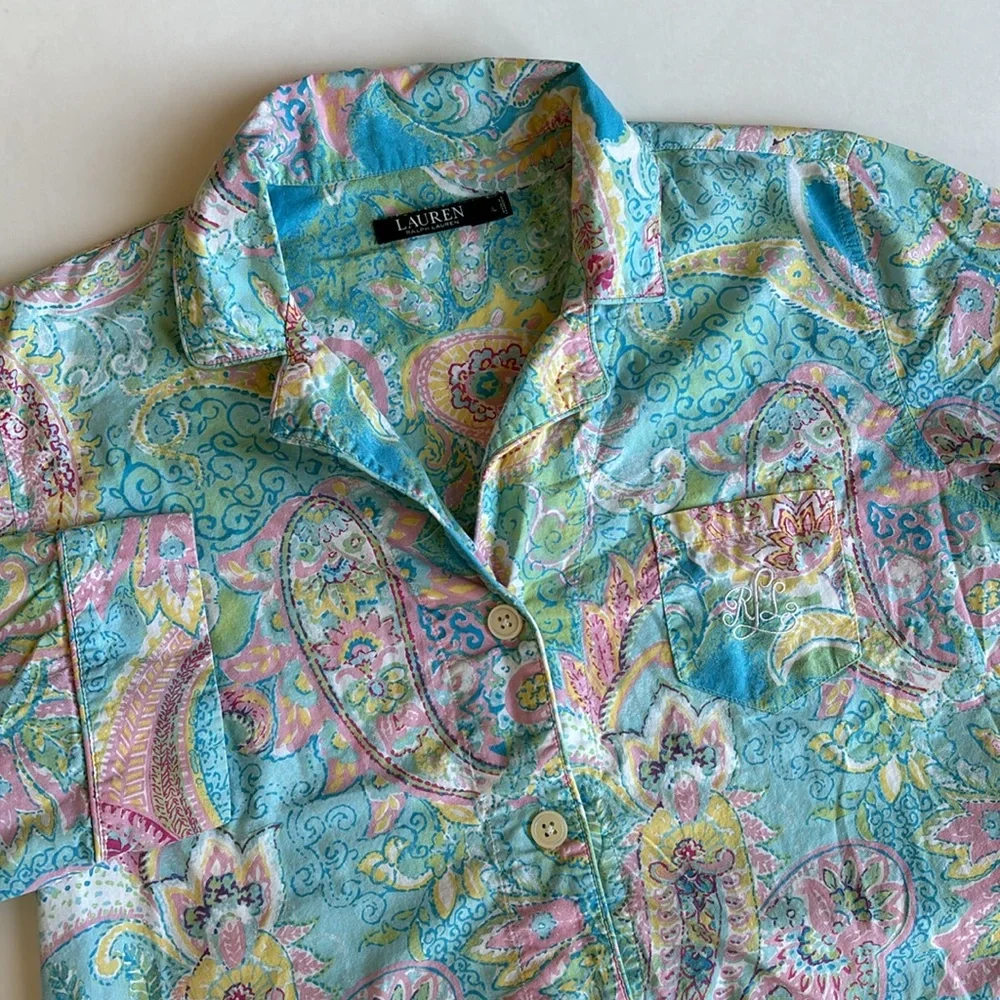 Vintage‎ Ralph Lauren Blue Pink Floral Monogram 3/4 Sleeve Pajama Top Women’s XL